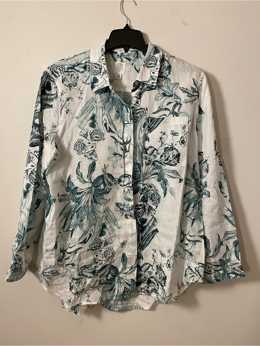 Linen Floral Button-Up Shirt in Teal and White